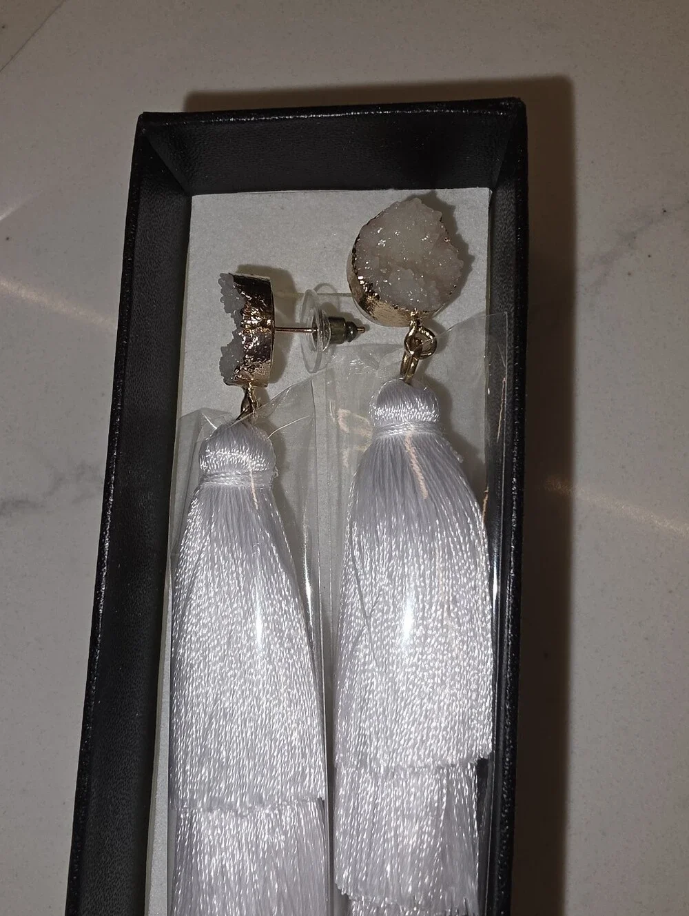 White Sparkling Stone Tassel Earrings Layered 3 Tier Crystal Boho Dangle Drop